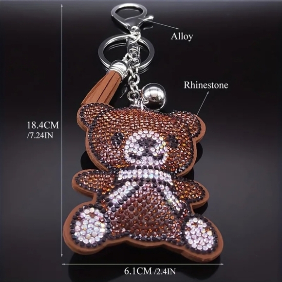 Bling Teddy Bear Crystal Rhinestone Keychain Bag Charm With Brown Tassel - Picture 5 of 11